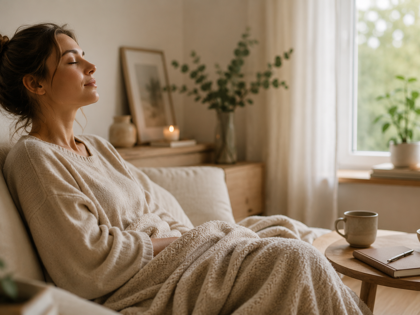 Endlich wieder durchatmen Frau entspannt mit geschlossenen Augen auf einer Couch als Symbol für innere Ruhe, emotionale Entspannung und Hypnose bei innerer Unruhe