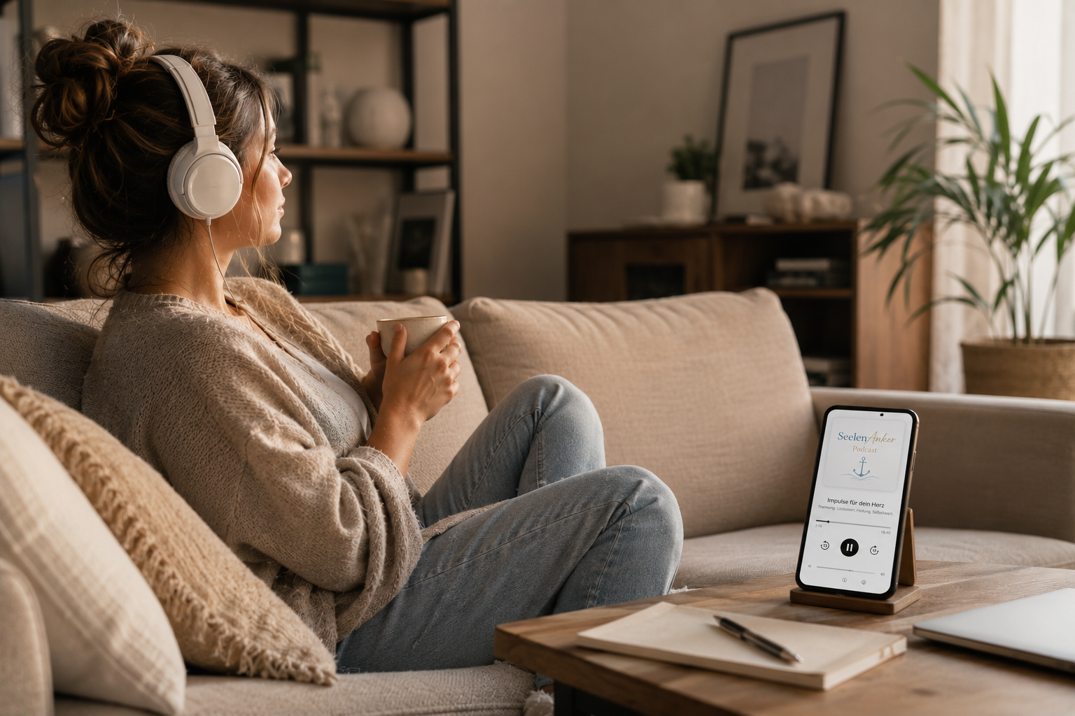 Ein Moment nur für dich Frau entspannt auf einer Couch und hört einen Podcast über emotionale Heilung, Selbstwert und Neuorientierung im Alltag