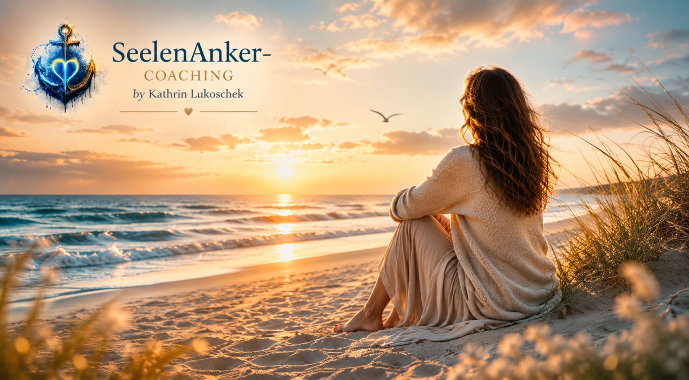 Zurück zu dir selbst Frau sitzt am Meer und blickt auf den Horizont als Symbol für Coaching bei Erschöpfung, Mental Load und innere Ruhe.