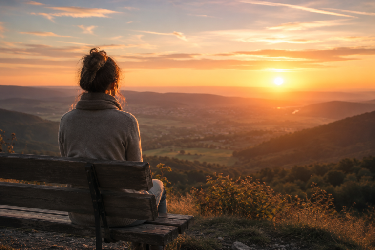 Frau sitzt auf einer Bank und schaut über ein Tal in den Sonnenuntergang als Symbol für Neuorientierung, emotionale Heilung und Loslassen na