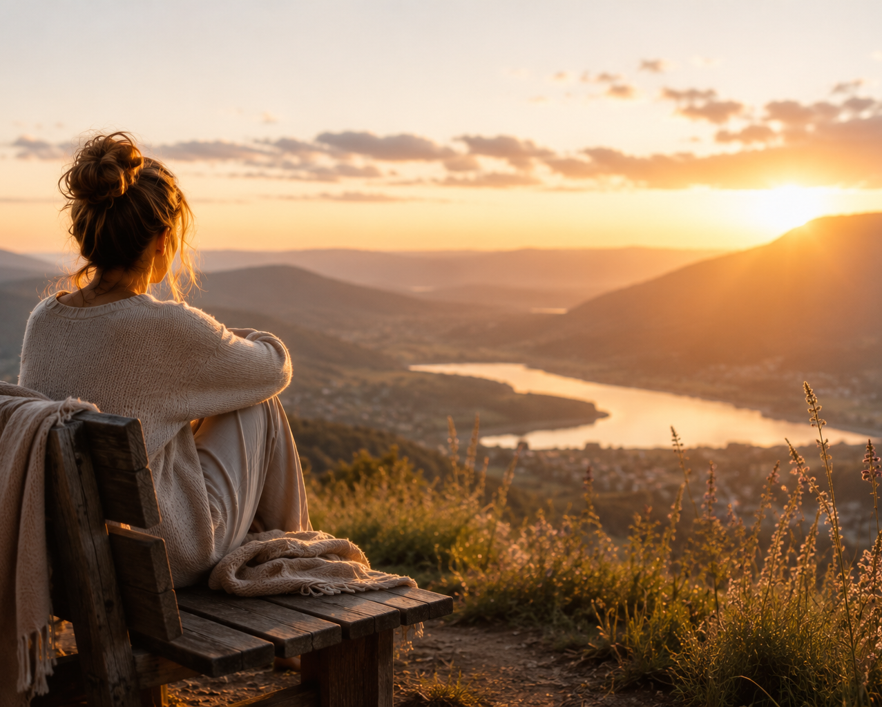 Der Blick nach vorn Frau sitzt auf einer Bank und schaut in den Sonnenuntergang über ein Tal als Symbol für Neuorientierung, Loslassen und emotionale Heilung na