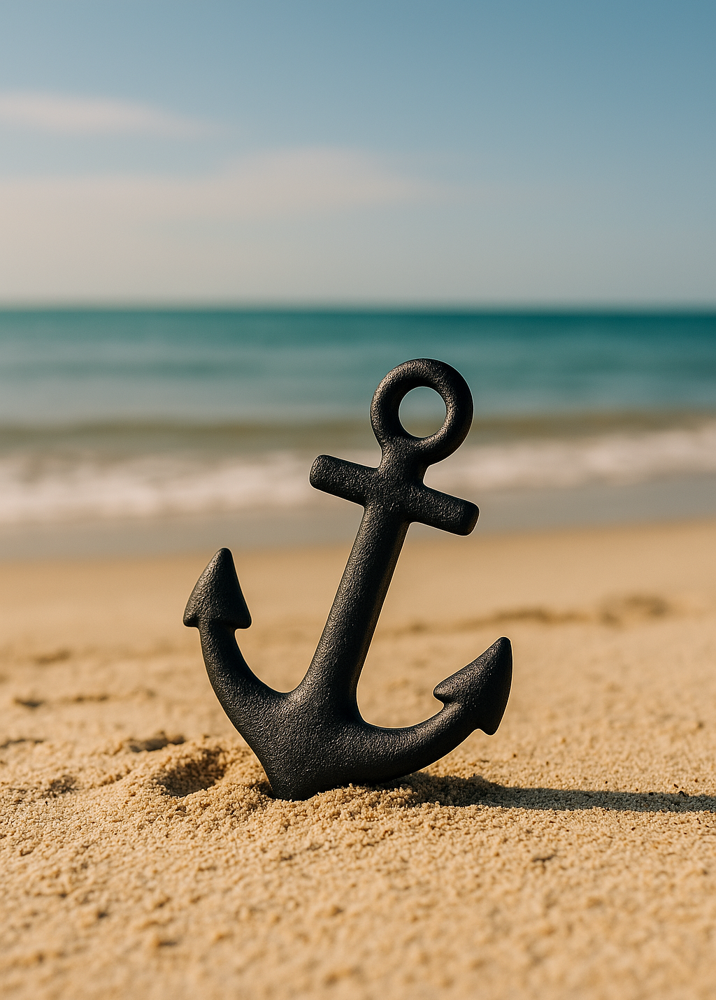 SeelenAnker Coaching – Halt und Orientierung finden Schwarzer Anker am Strand – Symbol für Halt, innere Stabilität und Orientierung im SeelenAnker Coaching.