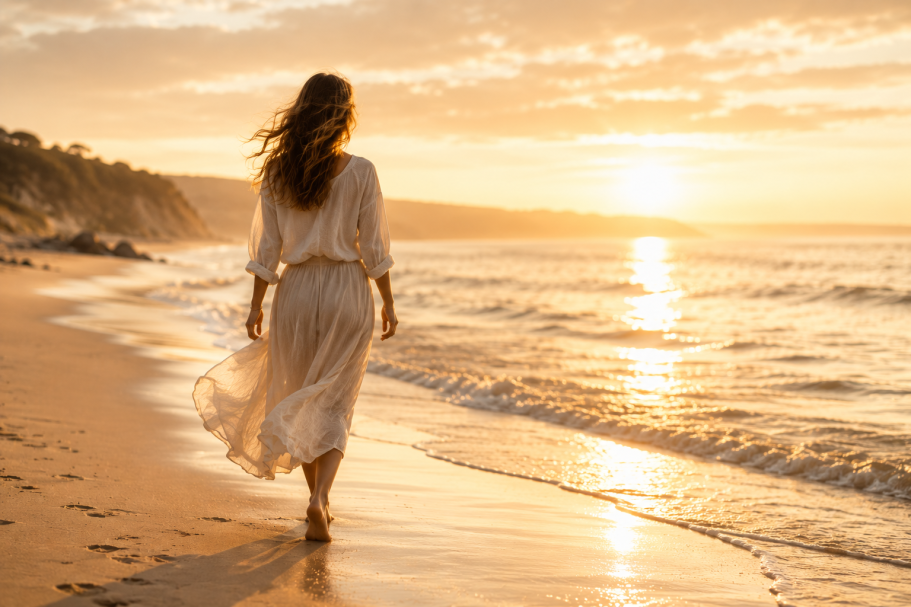 Zurück zu dir selbst Frau in einem weißen Kleid, die am Strand bei Sonnenuntergang spaziert.