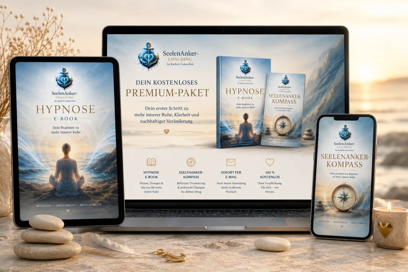 Kostenloses Premium-Paket von SeelenAnker-Coaching mit Hypnose-E-Book und SeelenAnker-Kompass für mehr innere Ruhe, Klarheit und Resilienz