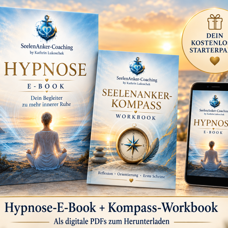 Dein kostenloses SeelenAnker-Starterpaket SeelenAnker-Starterpaket mit Hypnose-E-Book und Kompass-Workbook als digitale PDFs.
