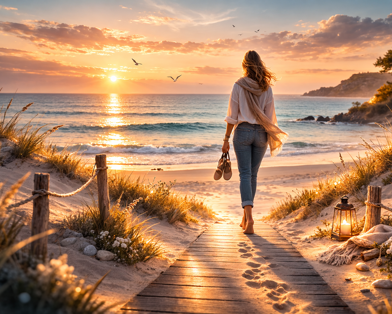 SeelenAnker Coaching – neue Wege finden Frau geht am Strand dem Sonnenuntergang entgegen – Symbol für neue Wege und innere Orientierung im SeelenAnker Coaching.