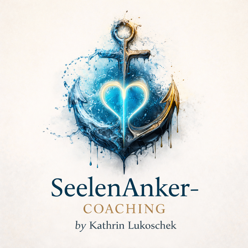 SeelenAnker Coaching – Halt und Orientierung finden Logo mit Anker und Herz, betont SeelenCoaching von Kathrin Lukaschek.