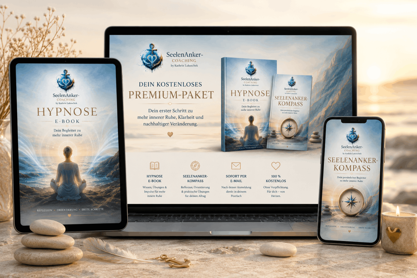 Kostenloses Premium-Paket für mehr innere Ruhe | SeelenAnker-Coaching Kostenloses Premium-Paket von SeelenAnker-Coaching mit Hypnose-E-Book und SeelenAnker-Kompass für mehr innere Ruhe, Klarheit und Resilienz