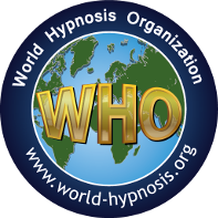 Mitglied und verifiziert bei der WHO Logo der World Hypnosis Organization mit Globus und dem Schriftzug "WHO".